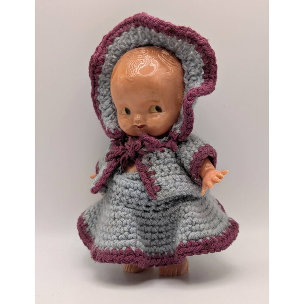 Vintage Irwin 1950's 6 1/2" Kewpie Doll Hand Knit Outfit Side Glance Jointed